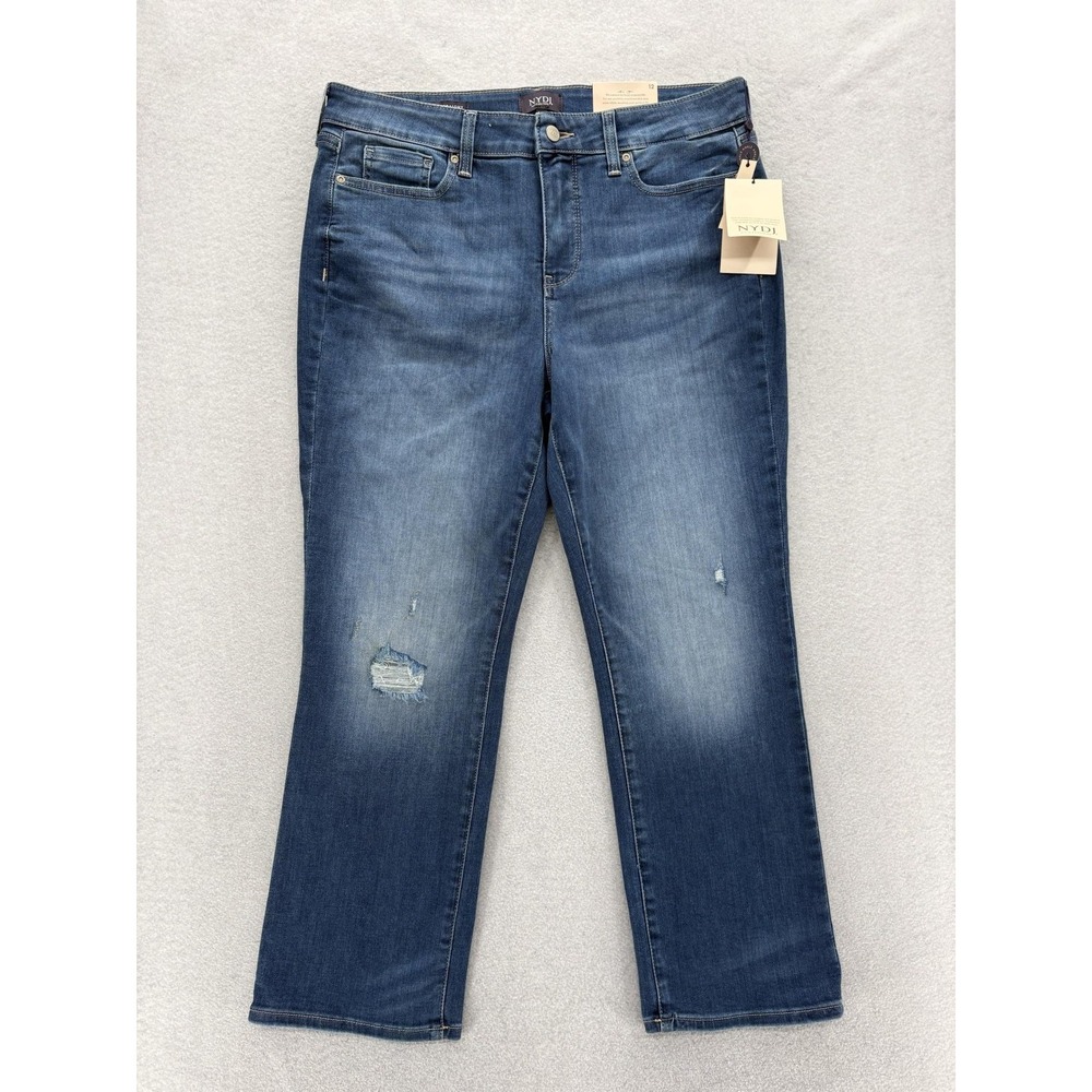 NYDJ Marilyn Ankle Jeans Womens 12 Blue Med Wash High Rise Distressed Stretch